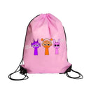 Pink drawstring bag with cartoon characters.