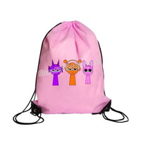 Pink drawstring bag with cartoon characters.
