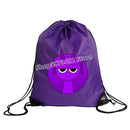 Purple drawstring backpack with cartoon character.