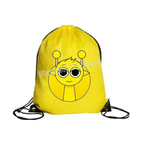 Yellow drawstring backpack with cartoon face.