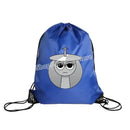 Blue drawstring backpack with cartoon character.