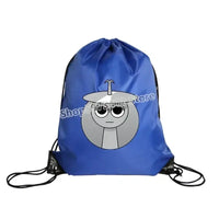 Blue drawstring backpack with cartoon character.