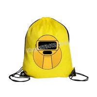 Yellow drawstring backpack with cartoon face.