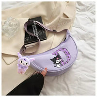 Lavender crescent-shaped purse with Kuromi character.