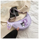 Lilac crescent bag with cartoon character.