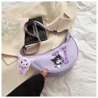 Lavender crescent-shaped purse with cartoon character.