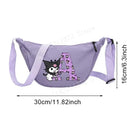 Lavender crossbody bag with cartoon character and letter A.