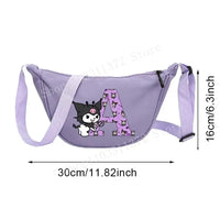 Lavender crossbody bag with cartoon character and letter A.