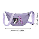 Lavender crossbody bag with cartoon character and letter.