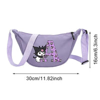 Lavender crossbody bag with cartoon character and letter.