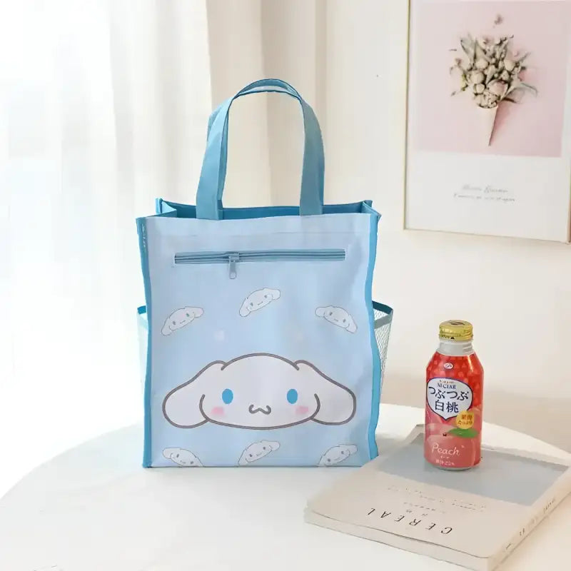 Light blue cartoon tote bag.