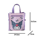 Purple cartoon tote bag with dimensions.