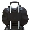 Black duffel bag on luggage handle.