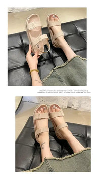 2025 Summer New Women’s Sandals Flat Bottom Korean Edition Fashion Outerwear Casual Beach Strap Velcro Sandals Women’s