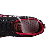 Black and red sneaker with breathable lining.