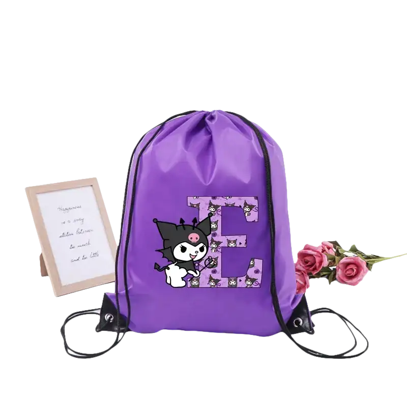 Purple drawstring bag with cartoon character and letter E.
