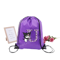 Purple drawstring bag with cartoon character.