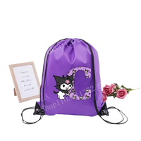 Purple drawstring bag with cartoon character and letter.