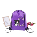 Purple drawstring bag with cartoon character and letter.