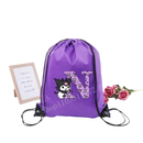 Purple drawstring bag with cartoon character and letter.