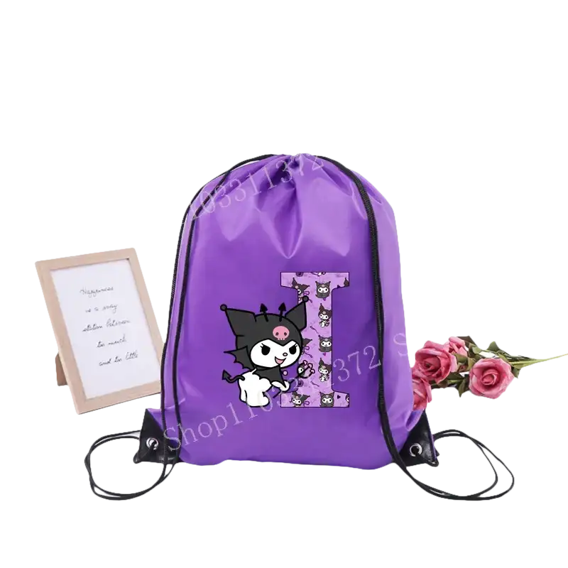 Purple drawstring bag with cartoon character.