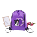 Purple drawstring bag with cartoon letter D.