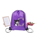 Purple drawstring bag with cartoon character and letter.