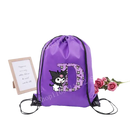 Purple drawstring bag with letter D and cartoon character.