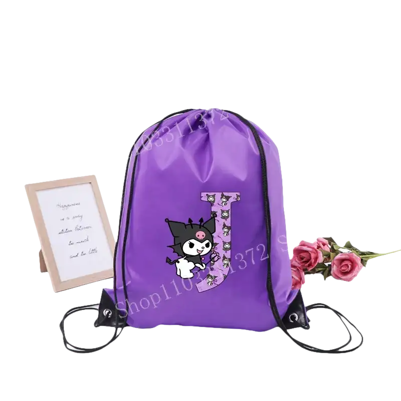 Purple drawstring bag with cartoon character and letter J.