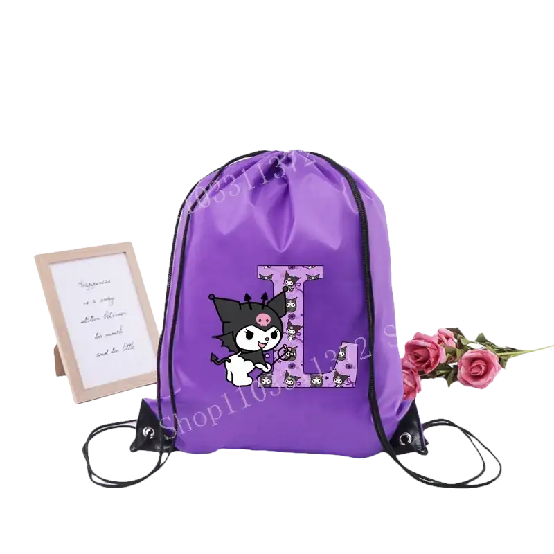 Purple drawstring bag with cartoon character and letter L.