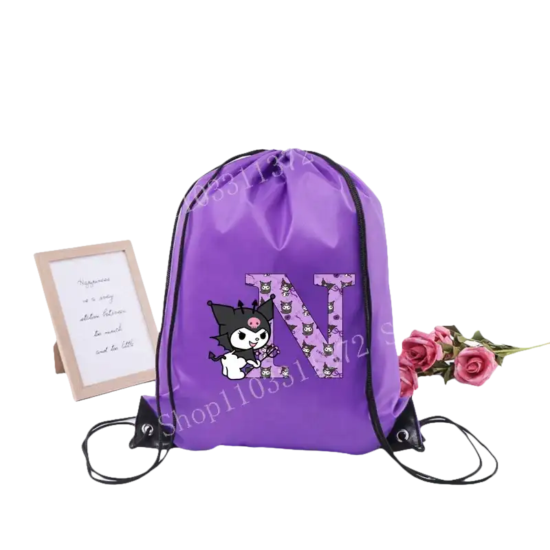 Purple drawstring bag with cartoon character and letter N.