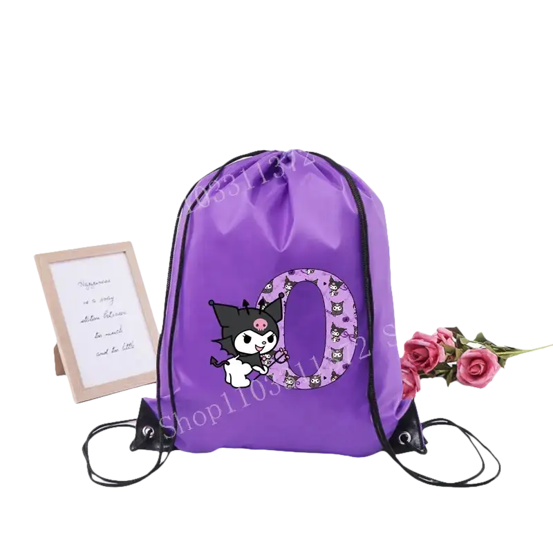 Purple drawstring bag with cartoon character.