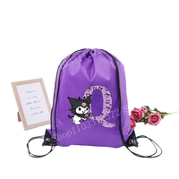 Purple drawstring bag with cartoon character and letter.
