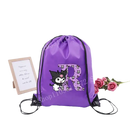 Purple drawstring bag with cartoon character and letter R.