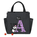 Black lunch bag with cartoon character and letter.