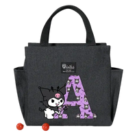 Black lunch bag with cartoon character and letter.