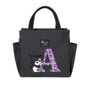 Gray lunch bag with cartoon character and letter A.