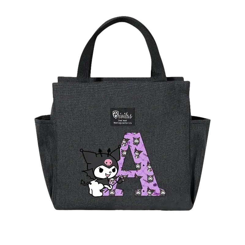Gray lunch bag with cartoon character and letter A.