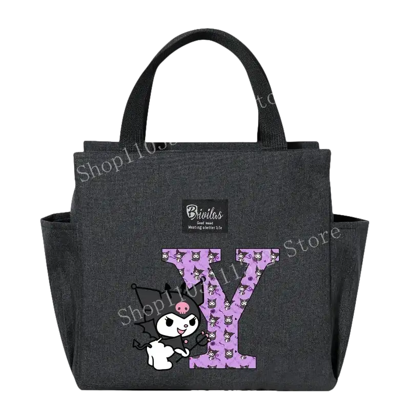 Gray lunch bag with cartoon character.