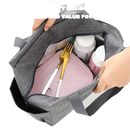 Gray insulated lunch bag.