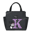 Gray lunch bag with Kuromi and letter K.