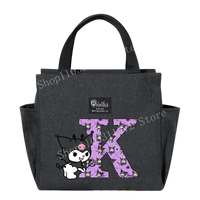 Gray lunch bag with Kuromi and letter K.