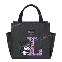 Gray tote bag with cartoon character and letter L.