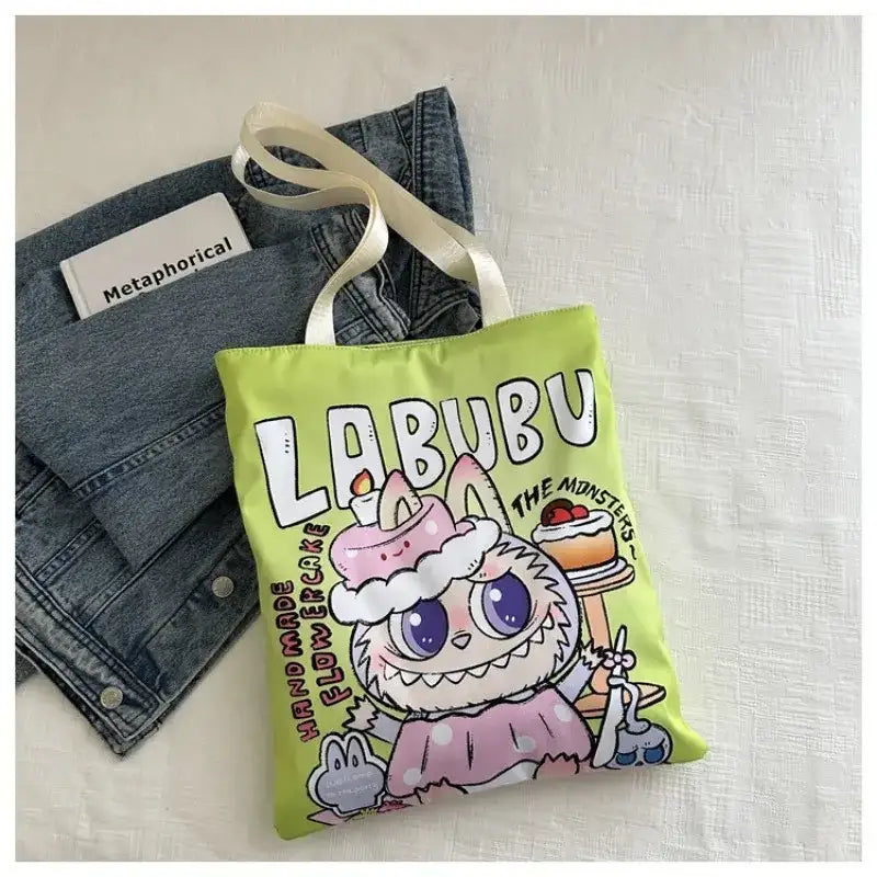 Cartoon-themed green tote bag.