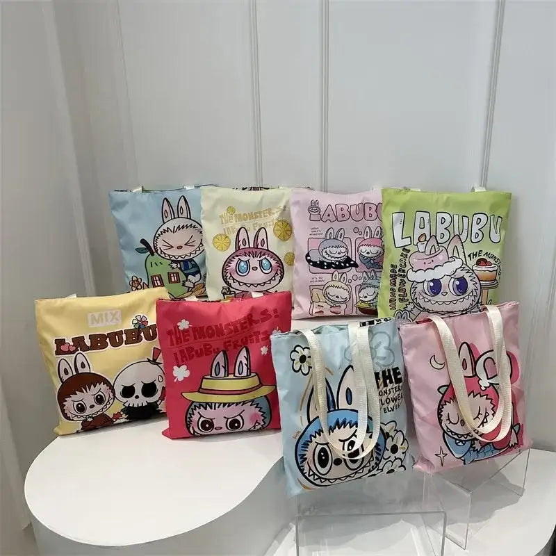 Colorful cartoon tote bags.
