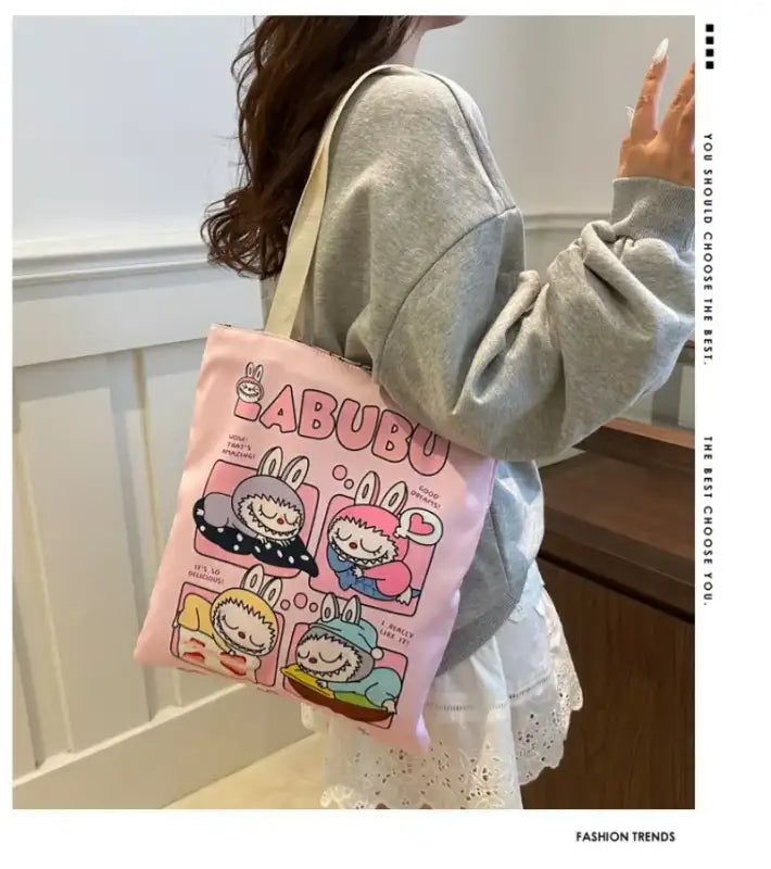 Pink cartoon tote bag.