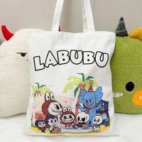 White tote bag with cartoon characters.