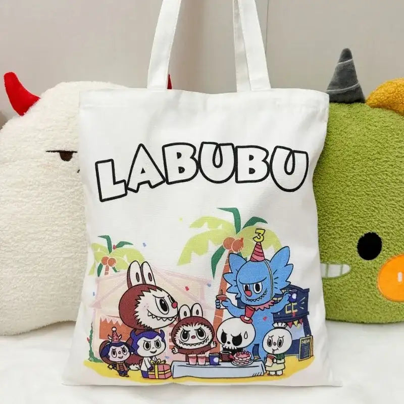 White tote bag with cartoon characters.