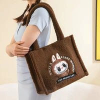 Brown fuzzy tote bag.