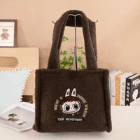 Brown fuzzy tote bag with cartoon character.
